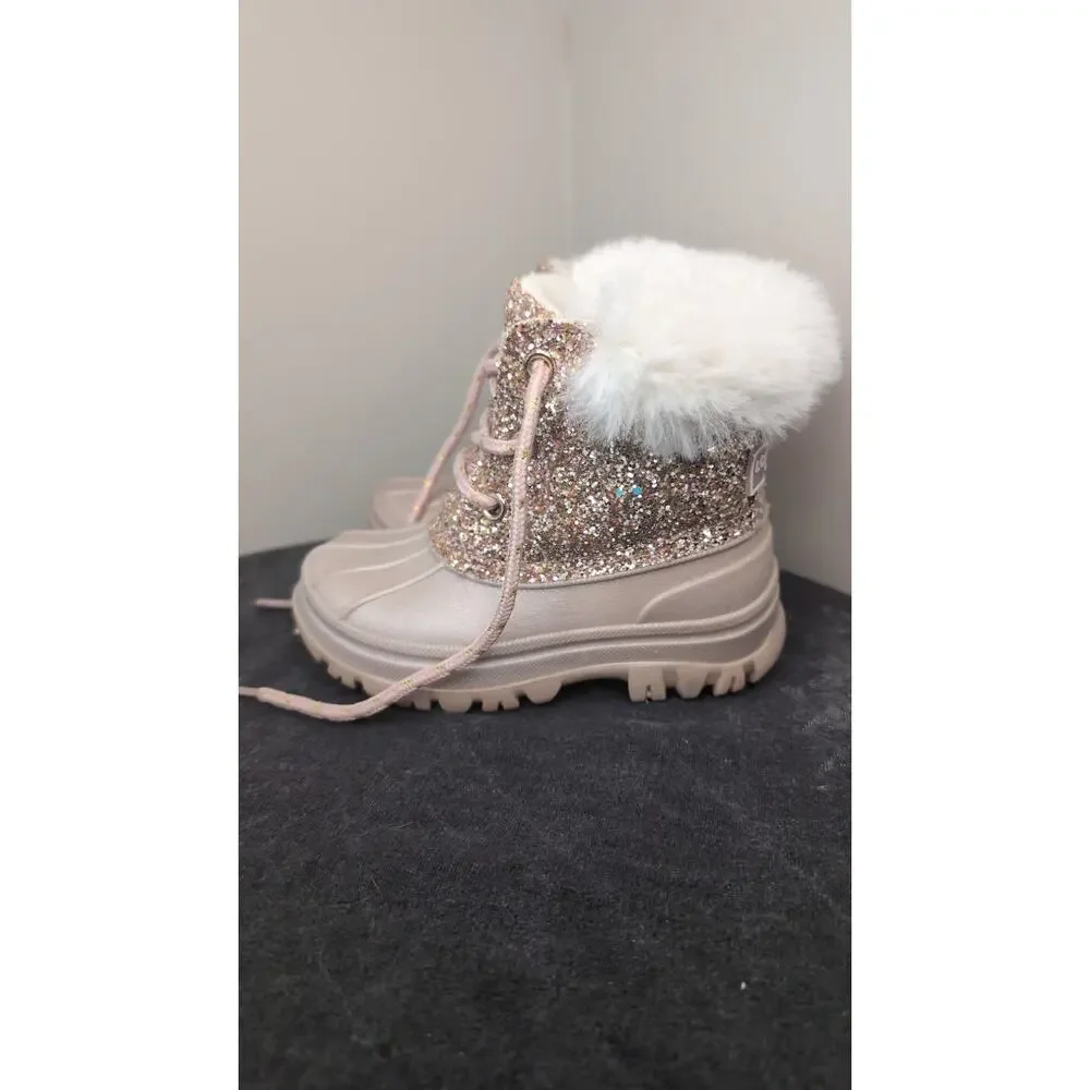 London Fog Girls Pink Glitter Faux Fur Snow Boots Size 8